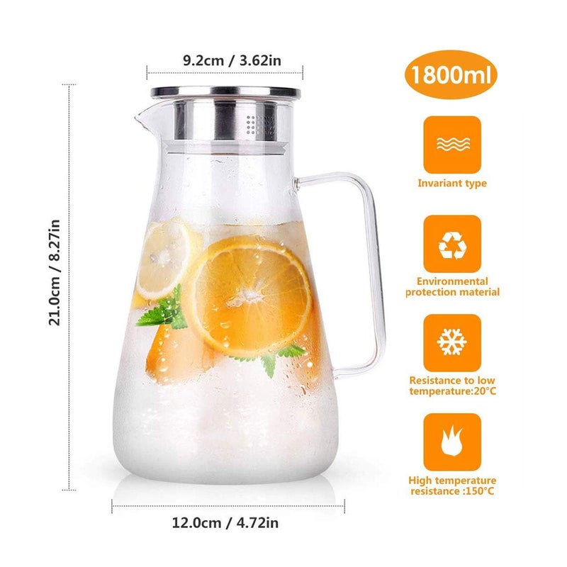 Hwagui - Large Heat Resistant Glass Pitcher with Stainless Steel Lid, Water Carafe with Handle, Good Beverage Pitcher for Homemade Juice and Iced Tea, 1800ml/61oz - Image 2